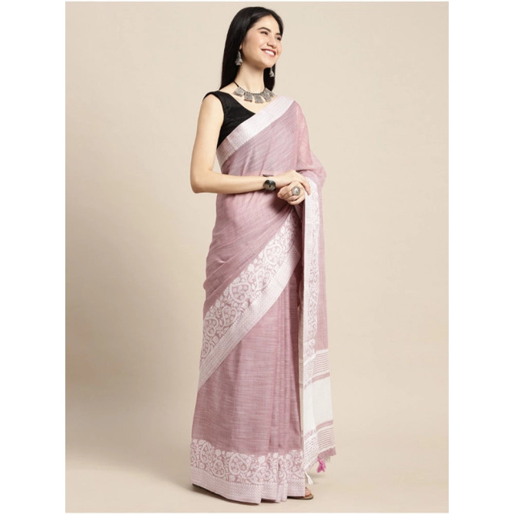 Generic Women's Linen Printed Saree With Unstitched Blouse 5.5Mtr (Purple)
