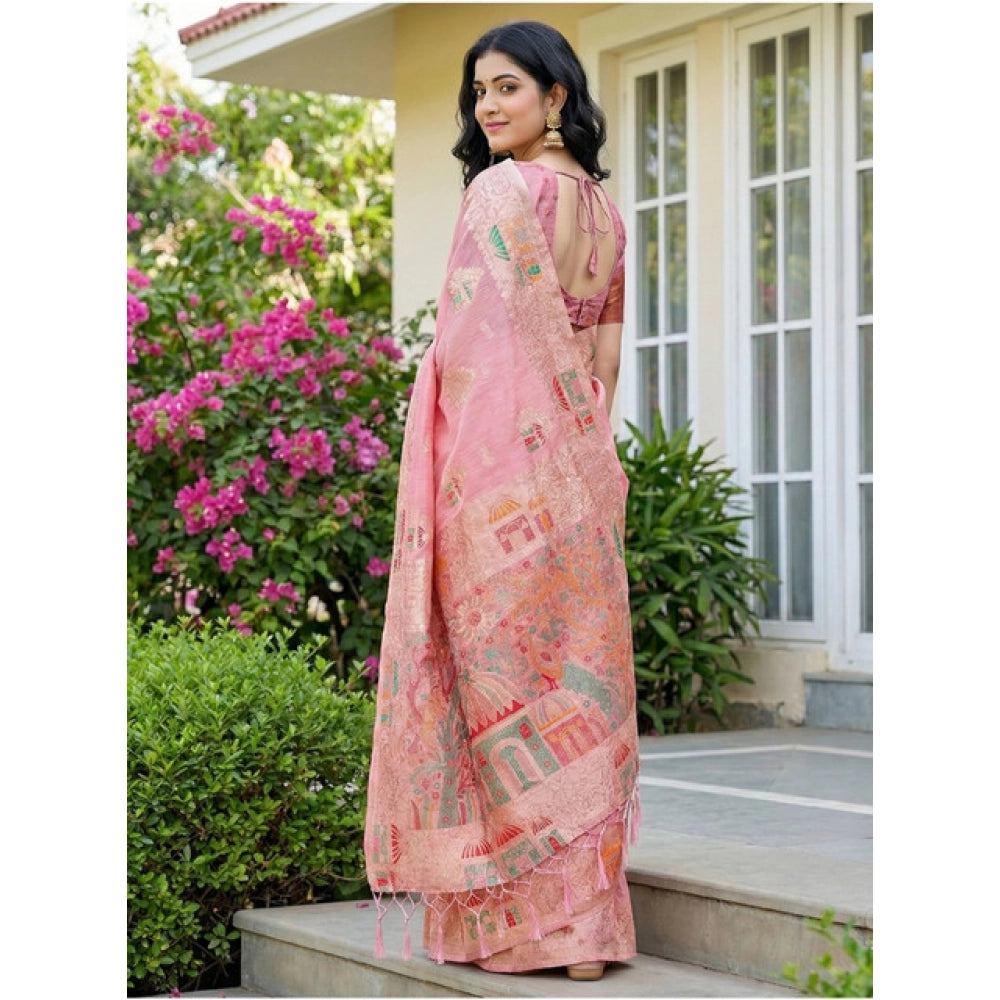 Generic Women's Linen Cotton Printed Saree With Unstitched Blouse 5.5Mtr (Pink)