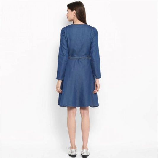 Generic Women's Denim Washed Regular Sleeves Dress (Blue)