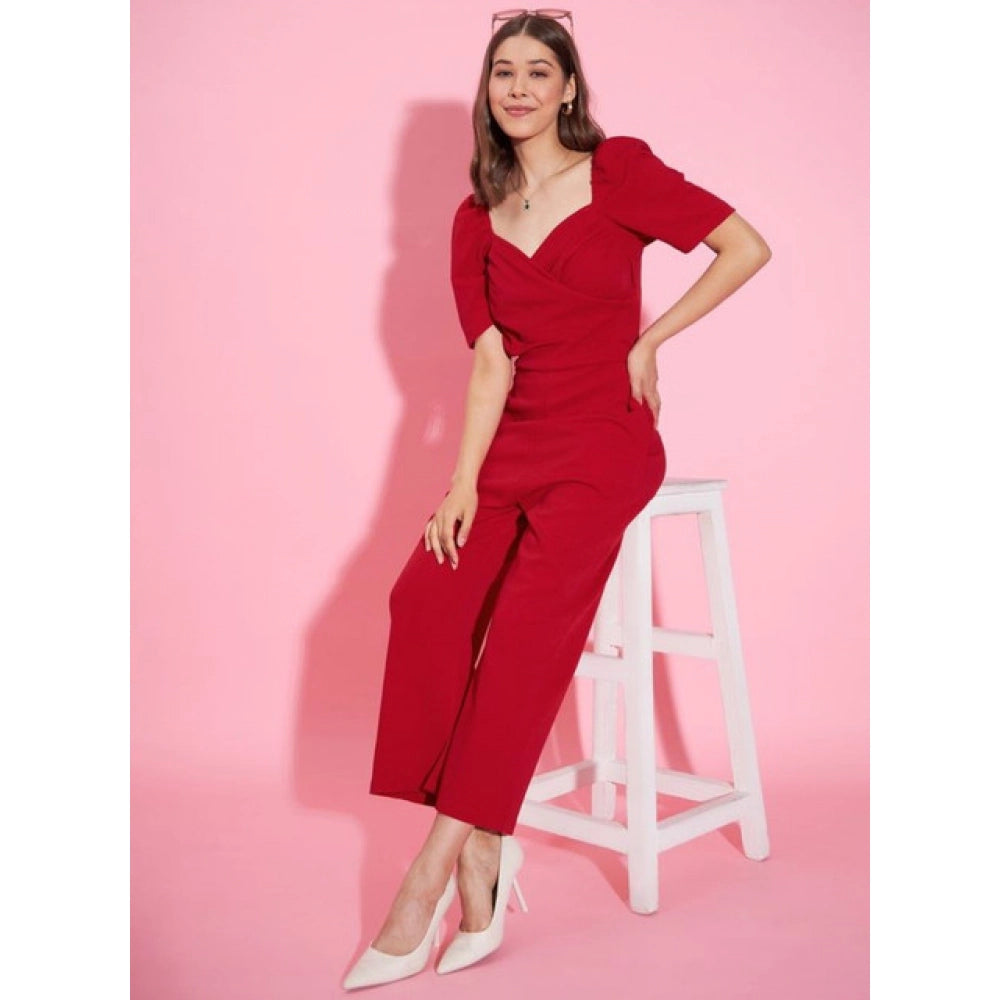 Generic Women's Polyester Lycra Solid Puff Sleeve Jumpsuit (Red)