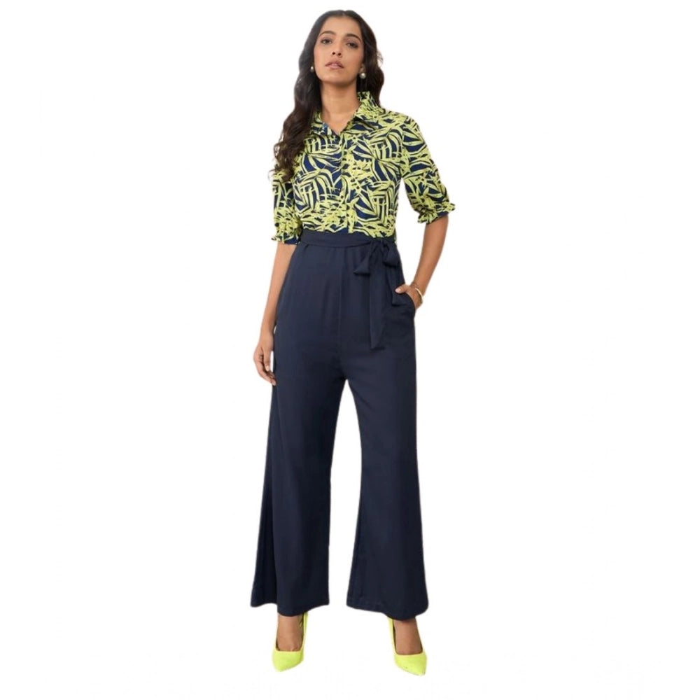 Generic Women's Polyester Floral Half Sleeves Jumpsuit (Navy - Yellow)