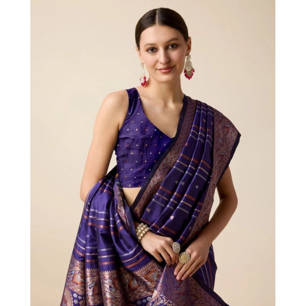 Generic Women's Soft Silk Jacquard Saree With Unstitched Blouse 5.5Mtr (Blue)
