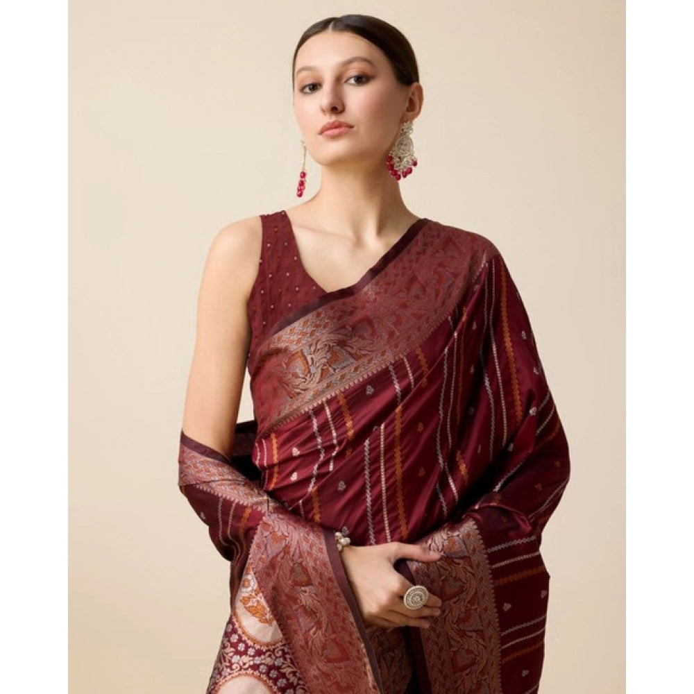 Generic Women's Soft Silk Jacquard Saree With Unstitched Blouse 5.5Mtr (Maroon)