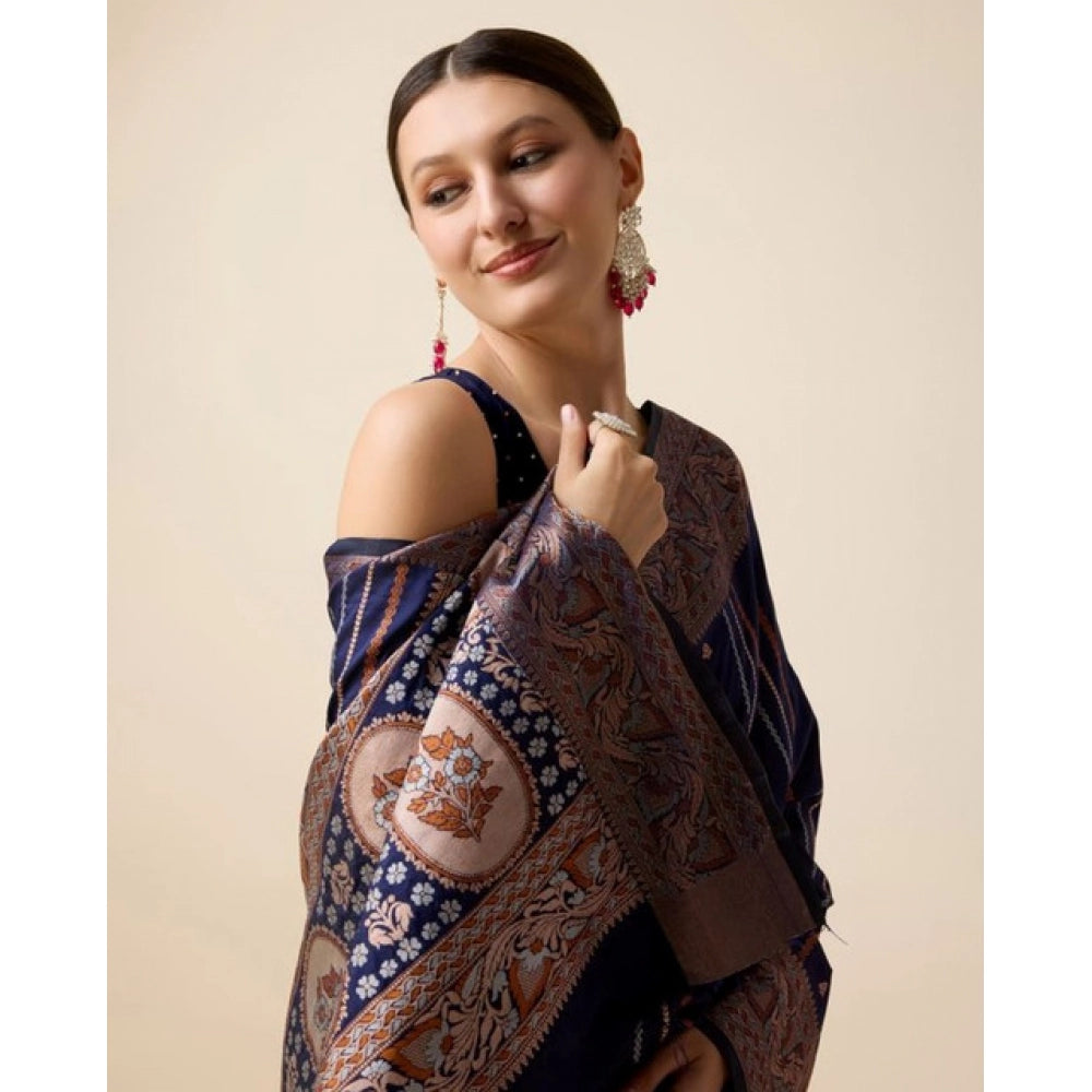 Generic Women's Soft Silk Jacquard Saree With Unstitched Blouse 5.5Mtr (Navy)