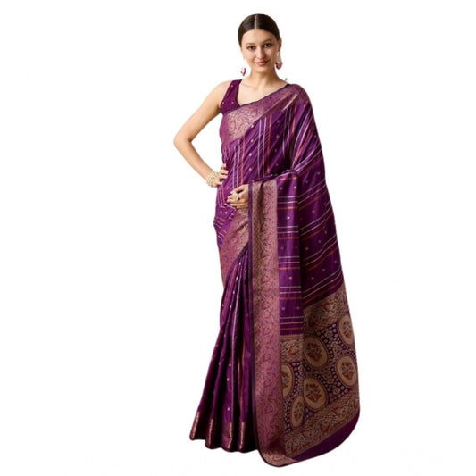 Generic Women's Soft Silk Jacquard Saree With Unstitched Blouse 5.5Mtr (Purple)