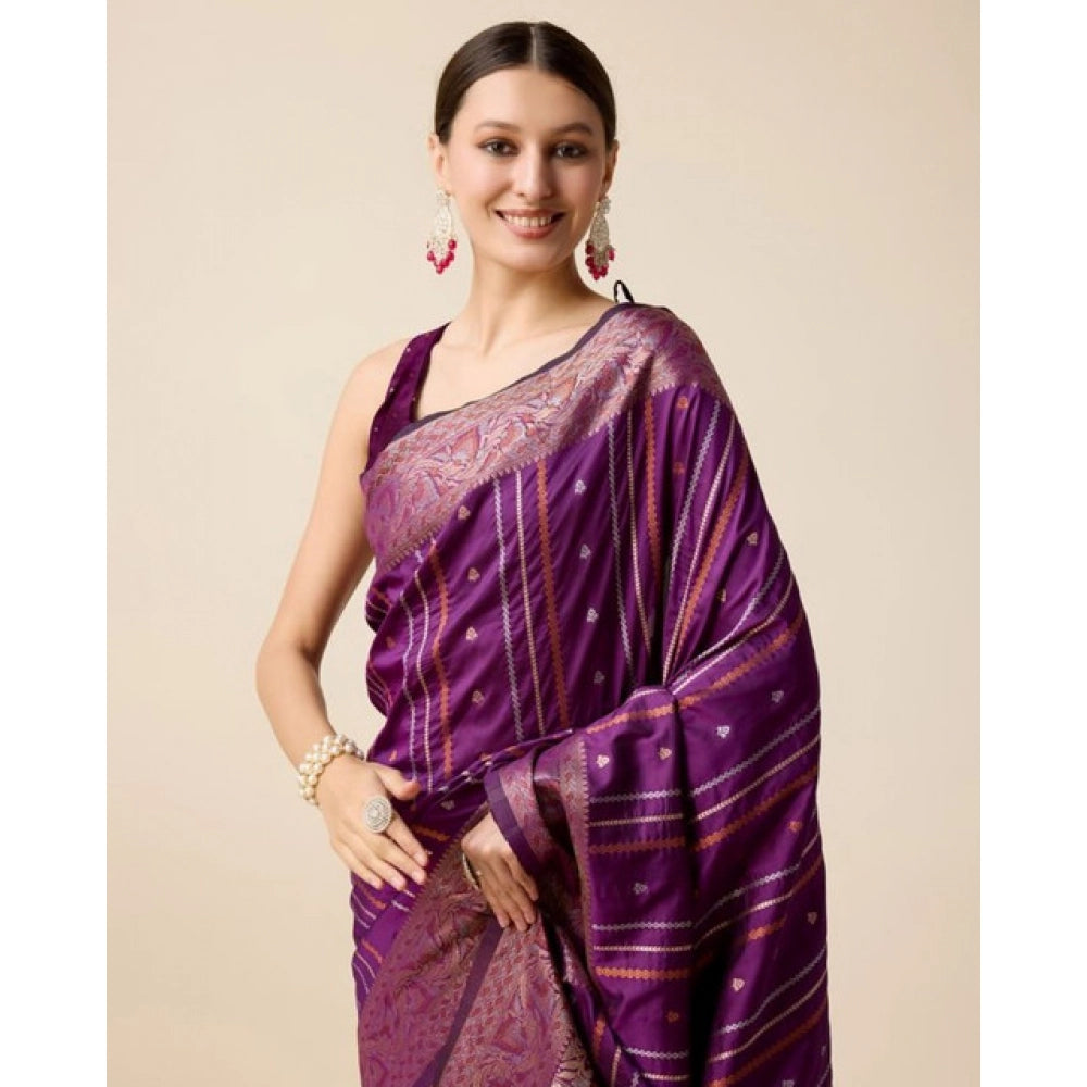 Generic Women's Soft Silk Jacquard Saree With Unstitched Blouse 5.5Mtr (Purple)
