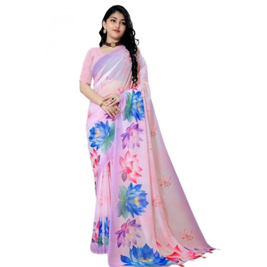 Generic Women's Georgette Floral Printed Saree With Unstitched Blouse 5.5Mtr (Light Pink)