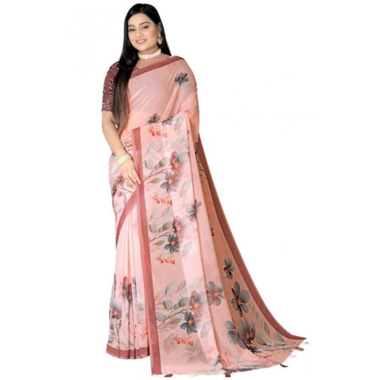Generic Women's Georgette Floral Printed Saree With Unstitched Blouse 5.5Mtr (Peach)