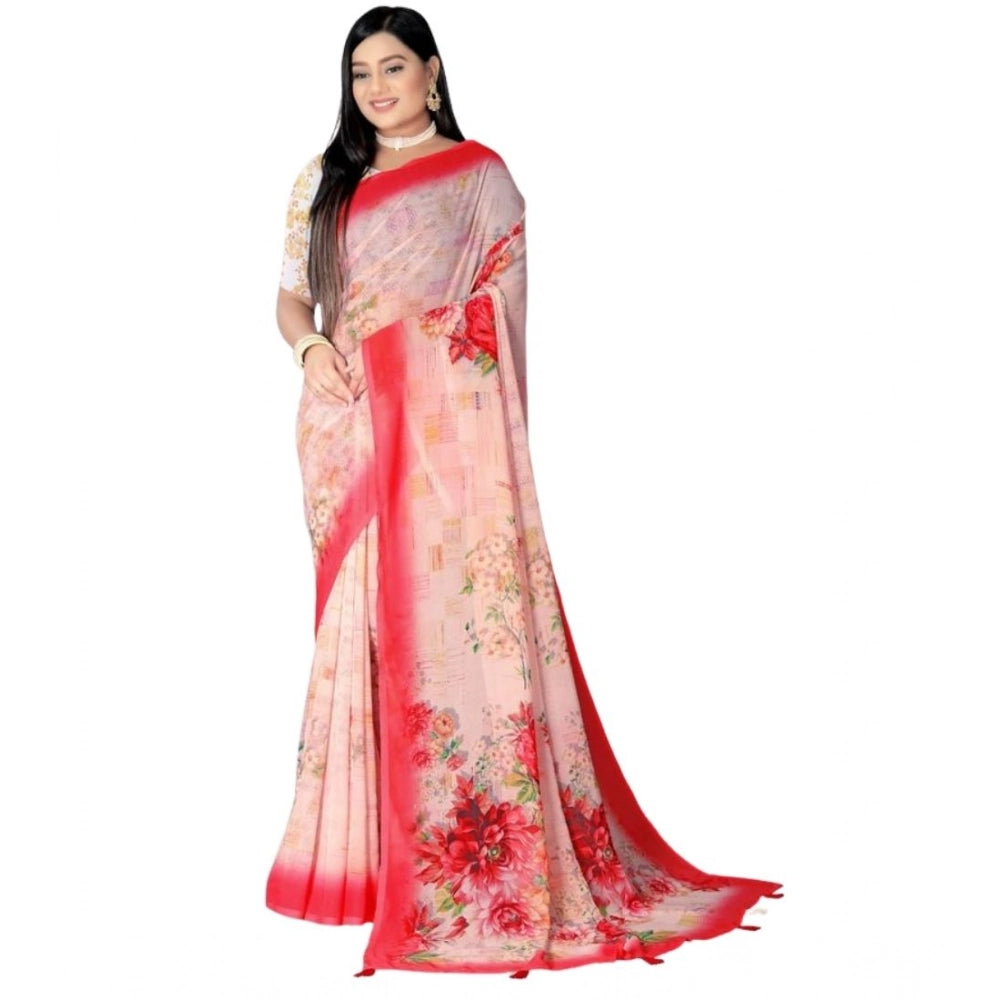 Generic Women's Georgette Floral Printed Saree With Unstitched Blouse 5.5Mtr (Red)
