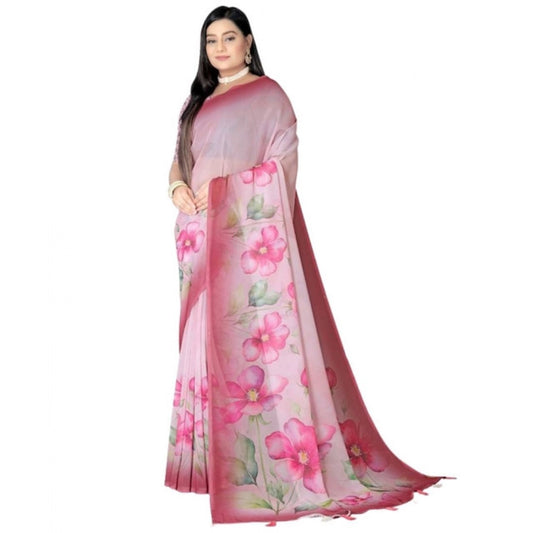 Generic Women's Georgette Floral Printed Saree With Unstitched Blouse 5.5Mtr (Rose Pink)