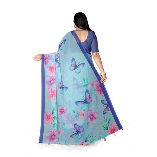 Generic Women's Georgette Floral Printed Saree With Unstitched Blouse 5.5Mtr (Blue)