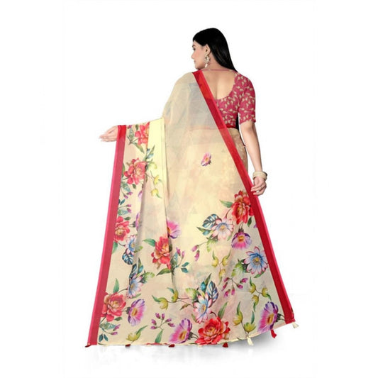 Generic Women's Georgette Floral Printed Saree With Unstitched Blouse 5.5Mtr (Yellow)