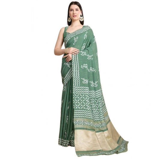 Generic Women's Semi Cotton Printed Saree With Unstitched Blouse 5.5Mtr (Green)