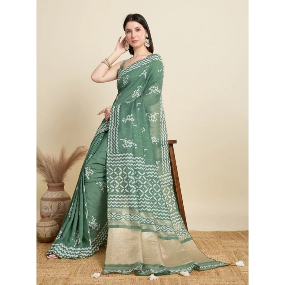 Generic Women's Semi Cotton Printed Saree With Unstitched Blouse 5.5Mtr (Green)