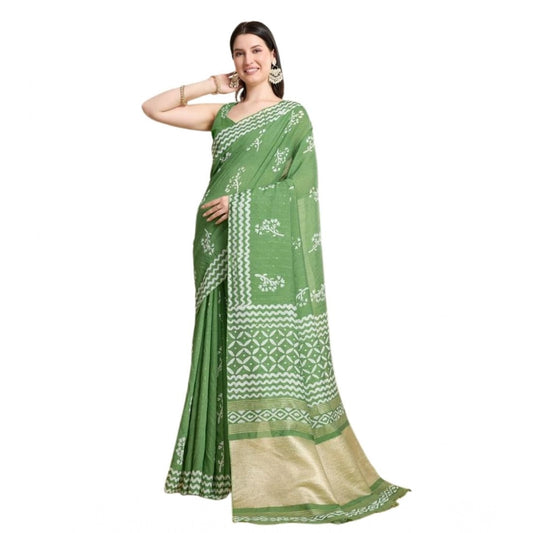 Generic Women's Semi Cotton Printed Saree With Unstitched Blouse 5.5Mtr (Mint-Green)