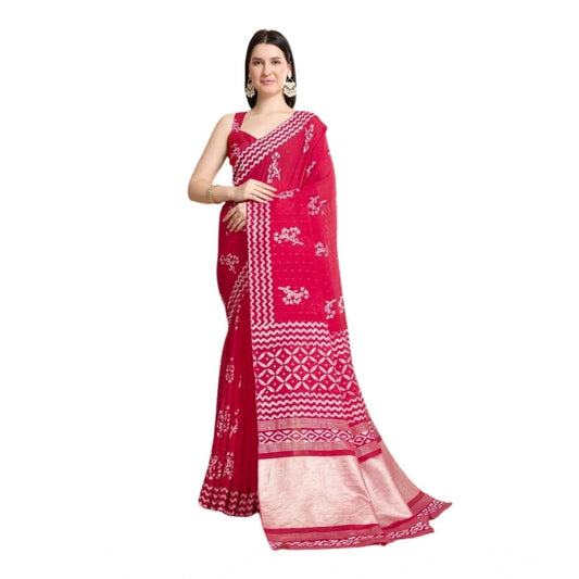 Generic Women's Semi Cotton Printed Saree With Unstitched Blouse 5.5Mtr (Red)