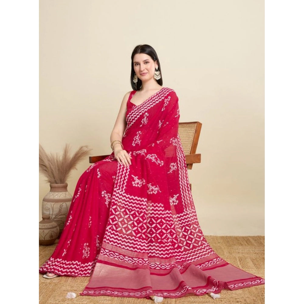 Generic Women's Semi Cotton Printed Saree With Unstitched Blouse 5.5Mtr (Red)