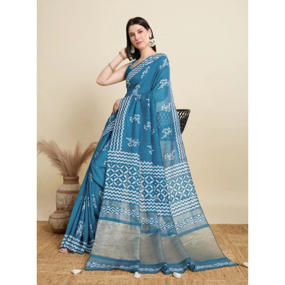 Generic Women's Semi Cotton Printed Saree With Unstitched Blouse 5.5Mtr (Sky-Blue)