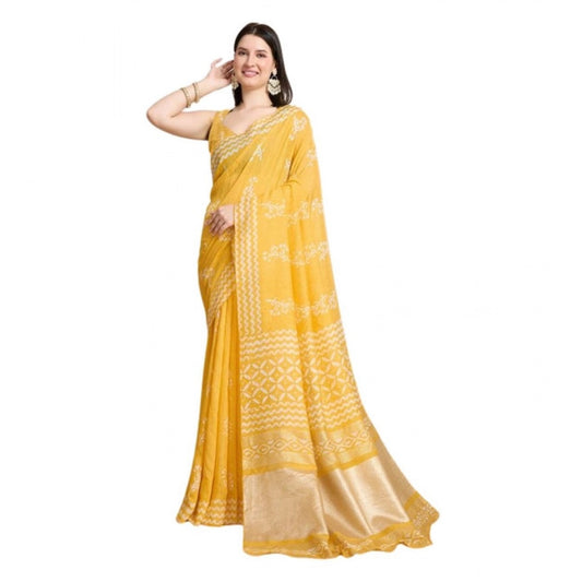 Generic Women's Semi Cotton Printed Saree With Unstitched Blouse 5.5Mtr (Yellow)
