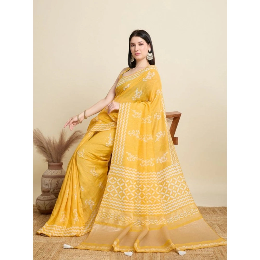 Generic Women's Semi Cotton Printed Saree With Unstitched Blouse 5.5Mtr (Yellow)