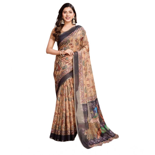 Generic Women's Semi Cotton Digital Print Saree With Unstitched Blouse 5.5Mtr (Beige)