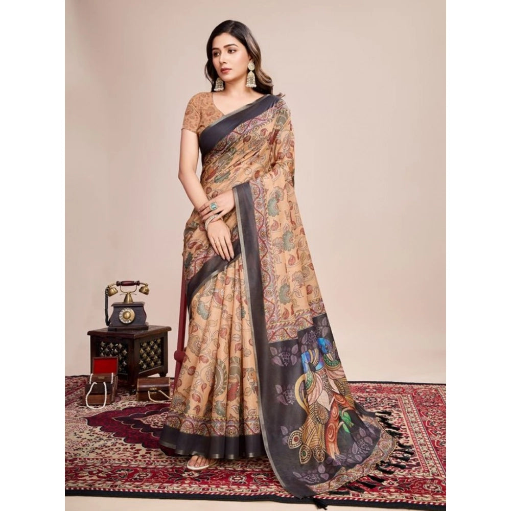 Generic Women's Semi Cotton Digital Print Saree With Unstitched Blouse 5.5Mtr (Beige)
