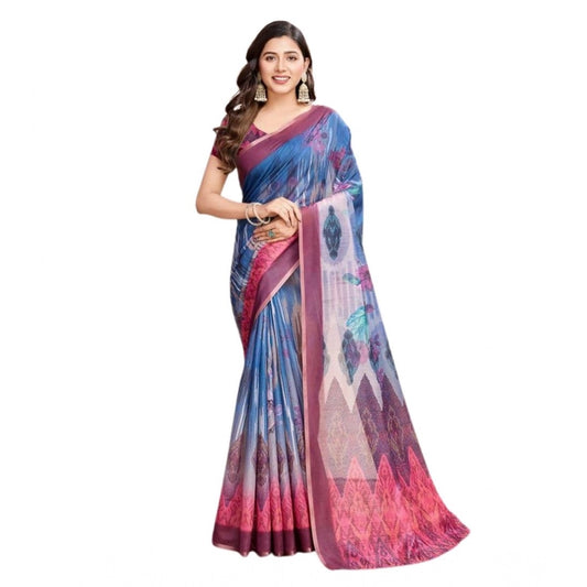Generic Women's Semi Cotton Digital Print Saree With Unstitched Blouse 5.5Mtr (Blue)