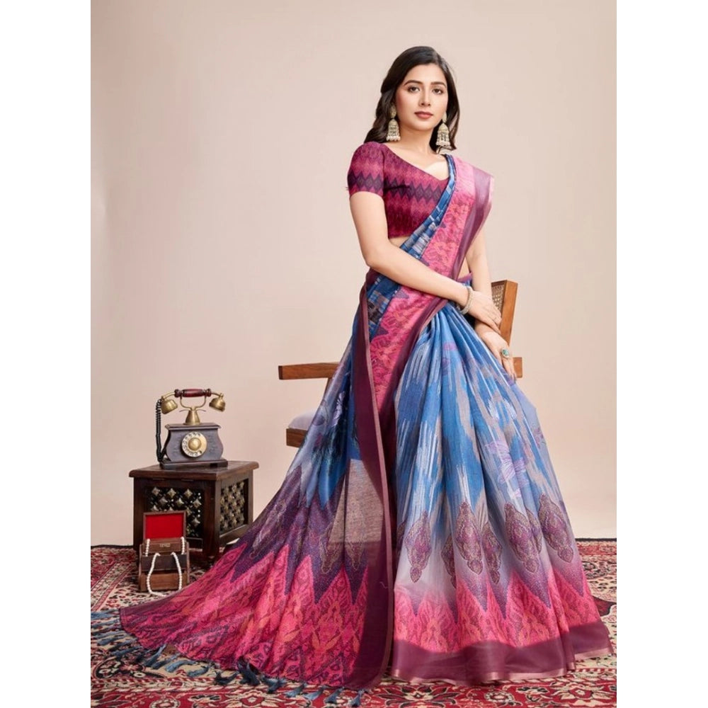Generic Women's Semi Cotton Digital Print Saree With Unstitched Blouse 5.5Mtr (Blue)
