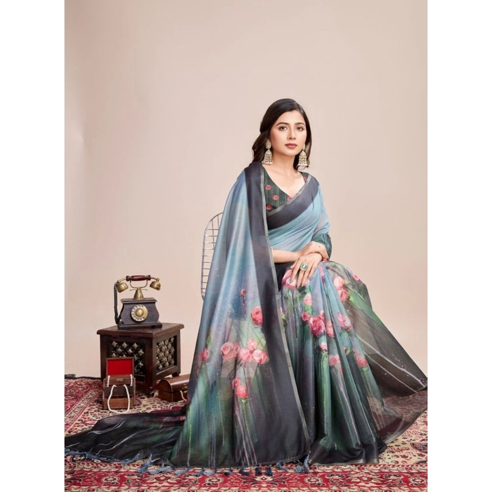 Generic Women's Semi Cotton Digital Print Saree With Unstitched Blouse 5.5Mtr (Green)