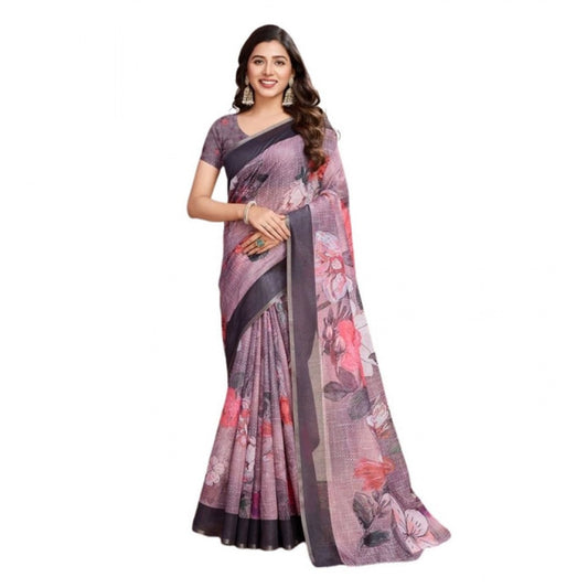 Generic Women's Semi Cotton Digital Print Saree With Unstitched Blouse 5.5Mtr (lavender)