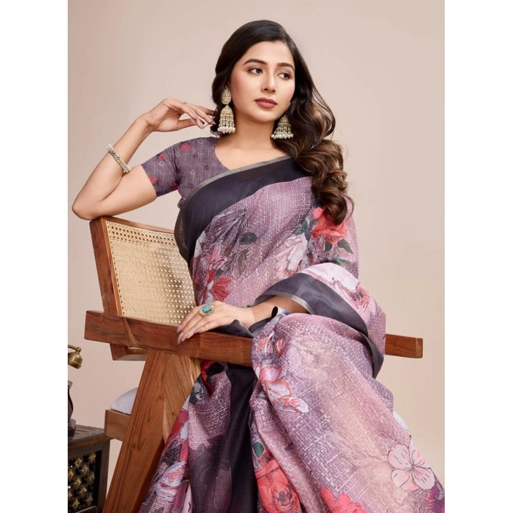 Generic Women's Semi Cotton Digital Print Saree With Unstitched Blouse 5.5Mtr (lavender)