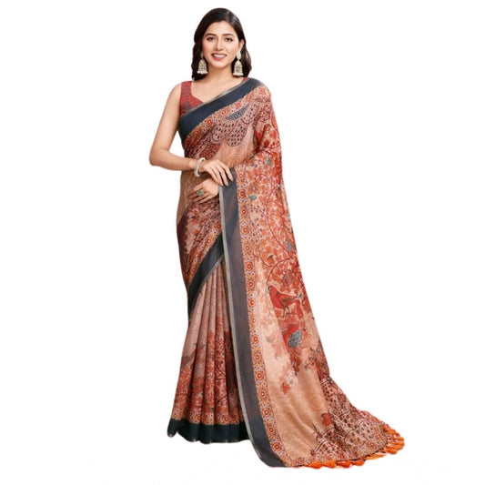 Generic Women's Semi Cotton Digital Print Saree With Unstitched Blouse 5.5Mtr (Orange)