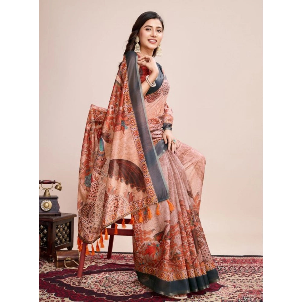 Generic Women's Semi Cotton Digital Print Saree With Unstitched Blouse 5.5Mtr (Orange)