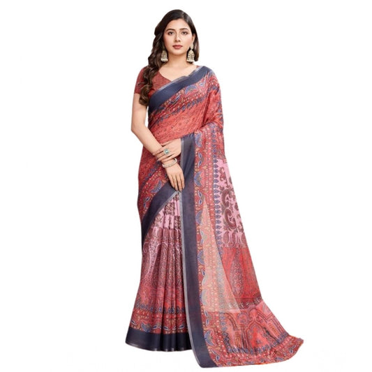 Generic Women's Semi Cotton Digital Print Saree With Unstitched Blouse 5.5Mtr (Peach)