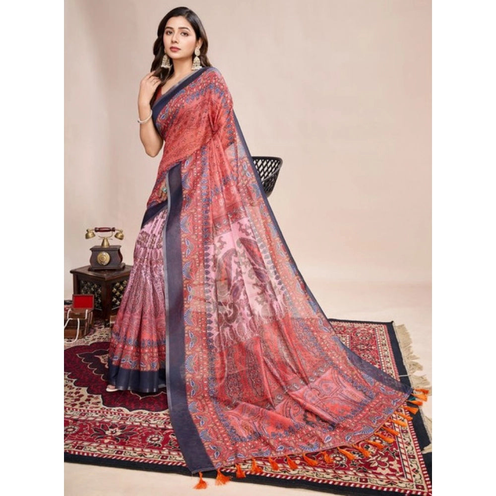 Generic Women's Semi Cotton Digital Print Saree With Unstitched Blouse 5.5Mtr (Peach)