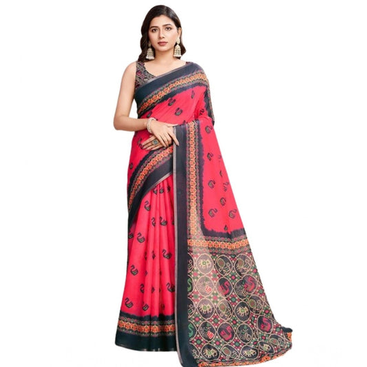 Generic Women's Semi Cotton Digital Print Saree With Unstitched Blouse 5.5Mtr (Red)