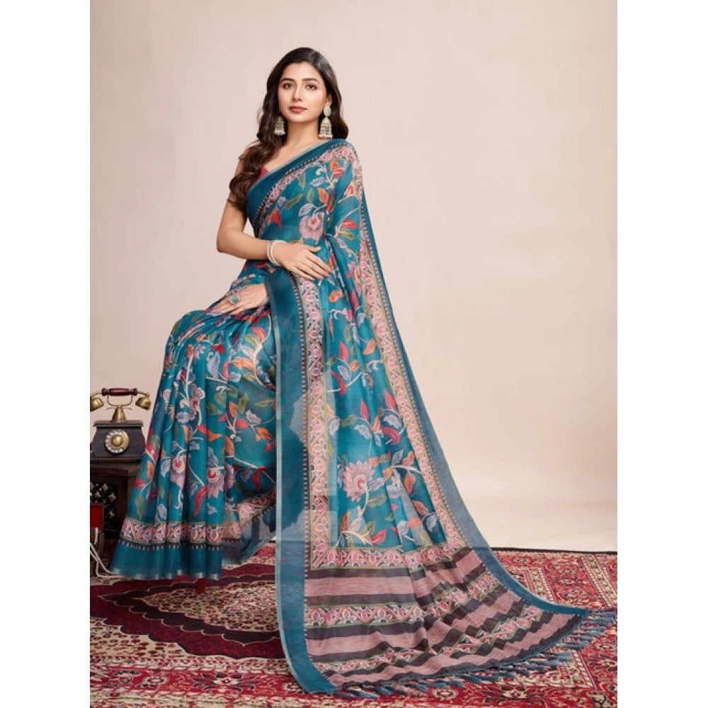 Generic Women's Semi Cotton Digital Print Saree With Unstitched Blouse 5.5Mtr (Teal)