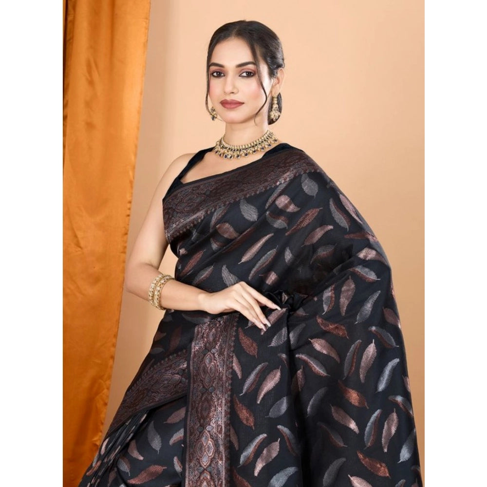 Generic Women's Soft Silk Jacquard Saree With Unstitched Blouse 5.5Mtr (Black)