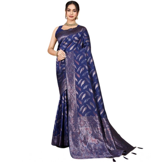 Generic Women's Soft Silk Jacquard Saree With Unstitched Blouse 5.5Mtr (Navy Blue)