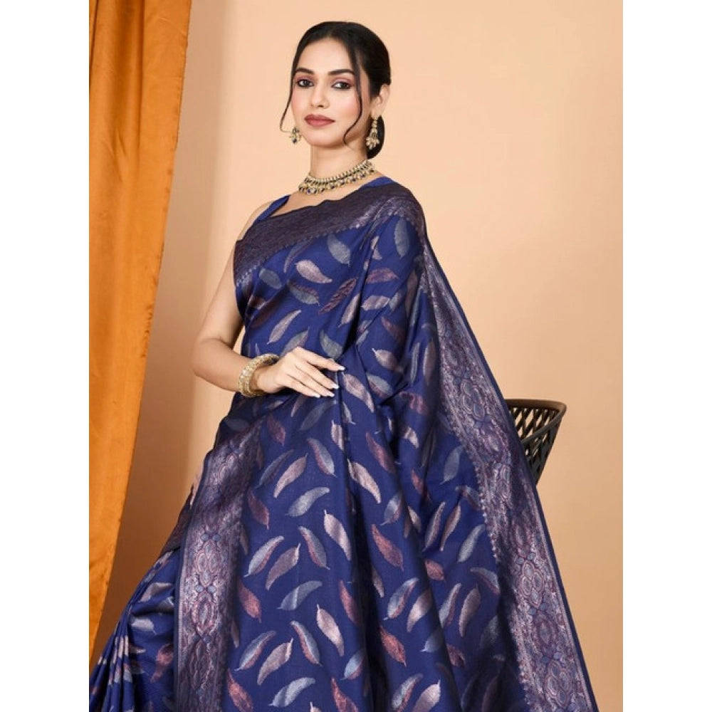 Generic Women's Soft Silk Jacquard Saree With Unstitched Blouse 5.5Mtr (Navy Blue)