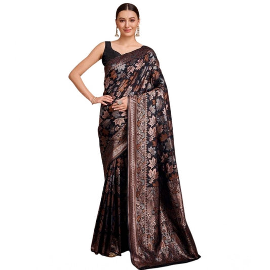 Generic Women's Soft Silk Jacquard Saree With Unstitched Blouse 5.5Mtr (Black)