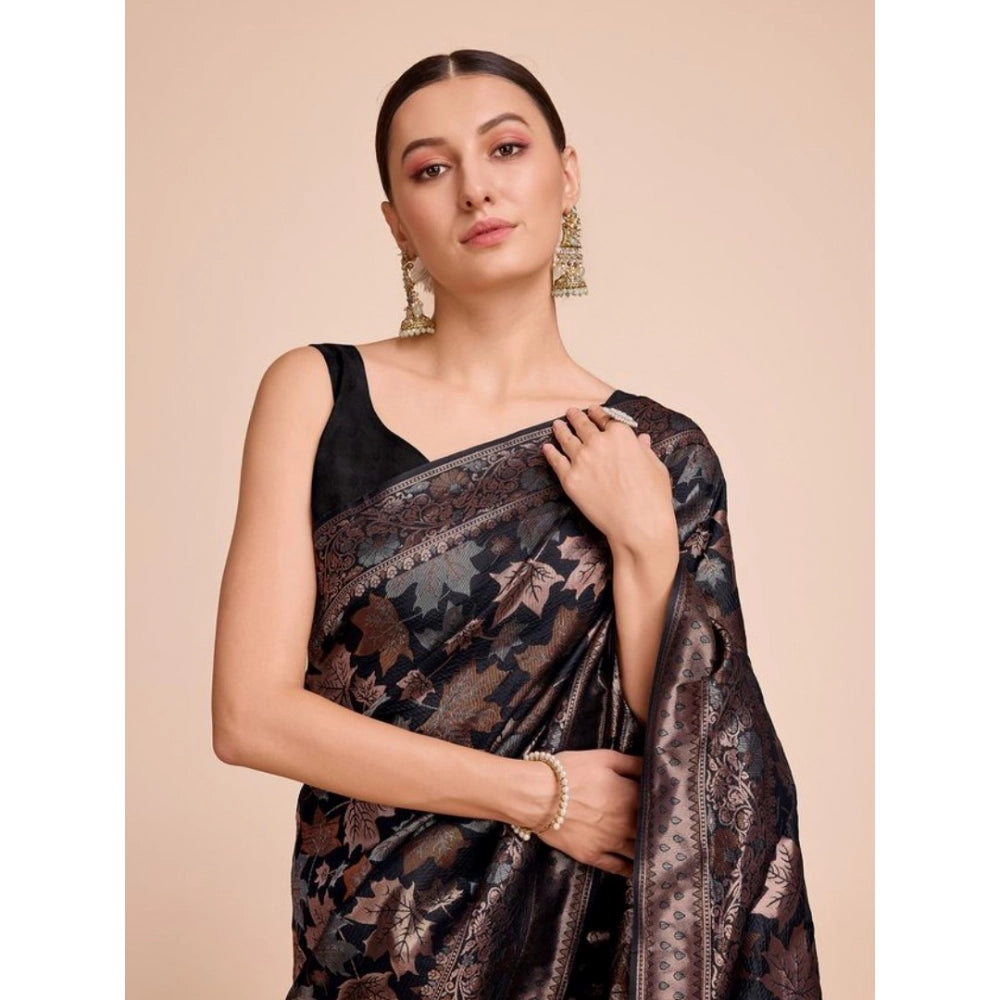 Generic Women's Soft Silk Jacquard Saree With Unstitched Blouse 5.5Mtr (Black)