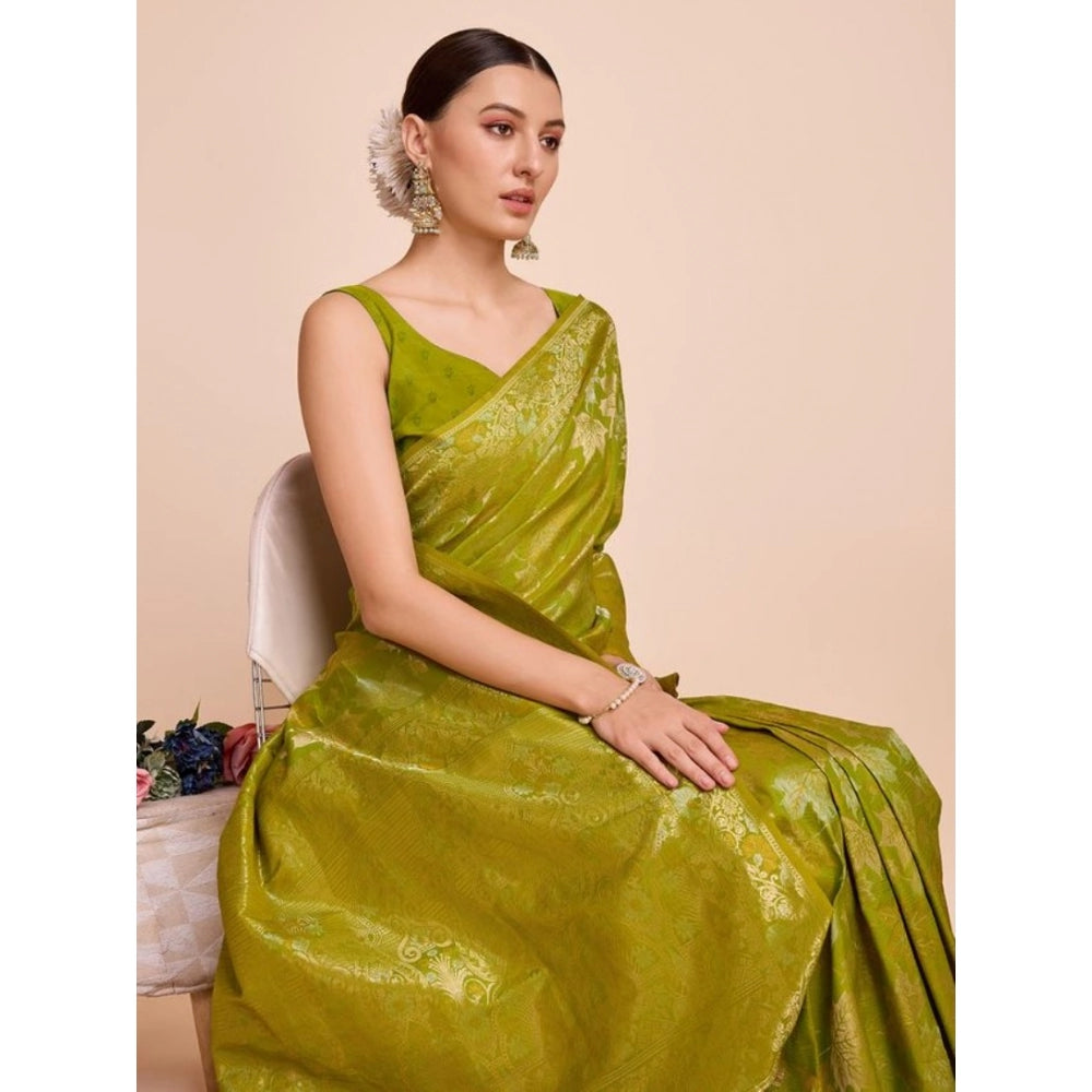 Generic Women's Soft Silk Jacquard Saree With Unstitched Blouse 5.5Mtr (Lime-Green)