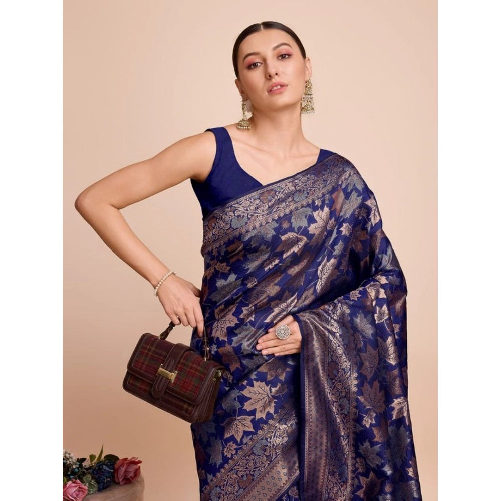 Generic Women's Soft Silk Jacquard Saree With Unstitched Blouse 5.5Mtr (Navy-Blue)
