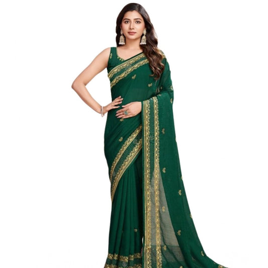 Generic Women's Vichitra Silk Embroidery Work Saree With Unstitched Blouse 5.5Mtr (Green)