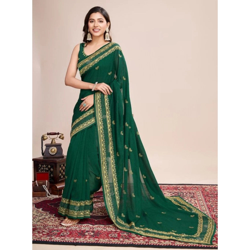 Generic Women's Vichitra Silk Embroidery Work Saree With Unstitched Blouse 5.5Mtr (Green)