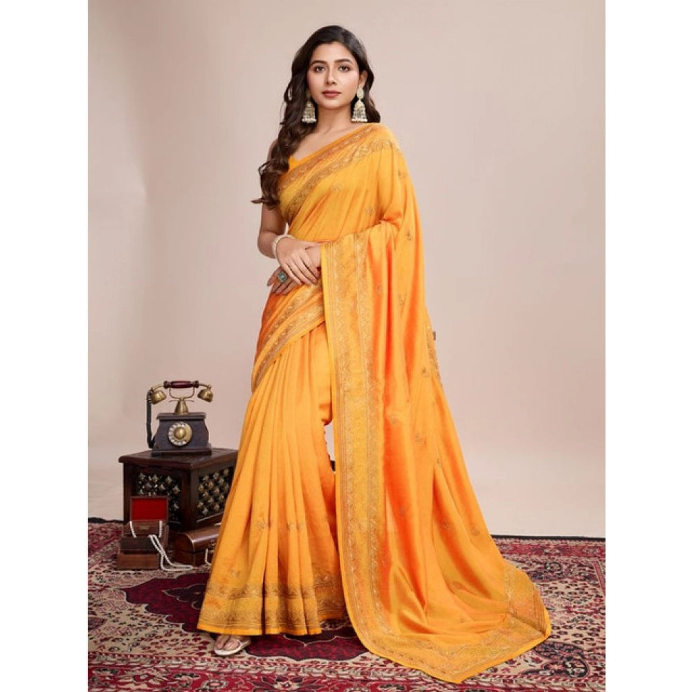 Generic Women's Vichitra Silk Embroidery Work Saree With Unstitched Blouse 5.5Mtr (Mustard)
