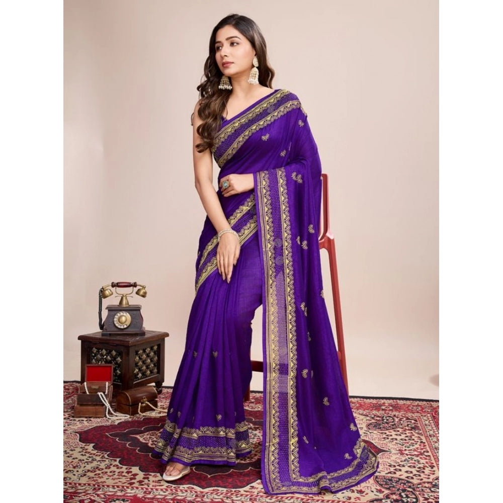 Generic Women's Vichitra Silk Embroidery Work Saree With Unstitched Blouse 5.5Mtr (Purple)