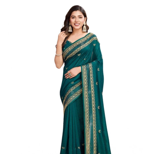 Generic Women's Vichitra Silk Embroidery Work Saree With Unstitched Blouse 5.5Mtr (Rama)
