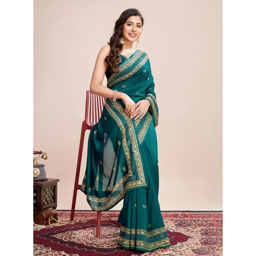 Generic Women's Vichitra Silk Embroidery Work Saree With Unstitched Blouse 5.5Mtr (Rama)